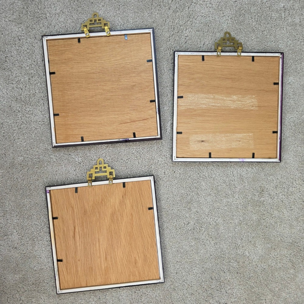 Vintage Set of 3 Framed Panda Prints Chinoiserie Brass Pagoda Hanger 8x8 zoocore - Picture 4 of 16